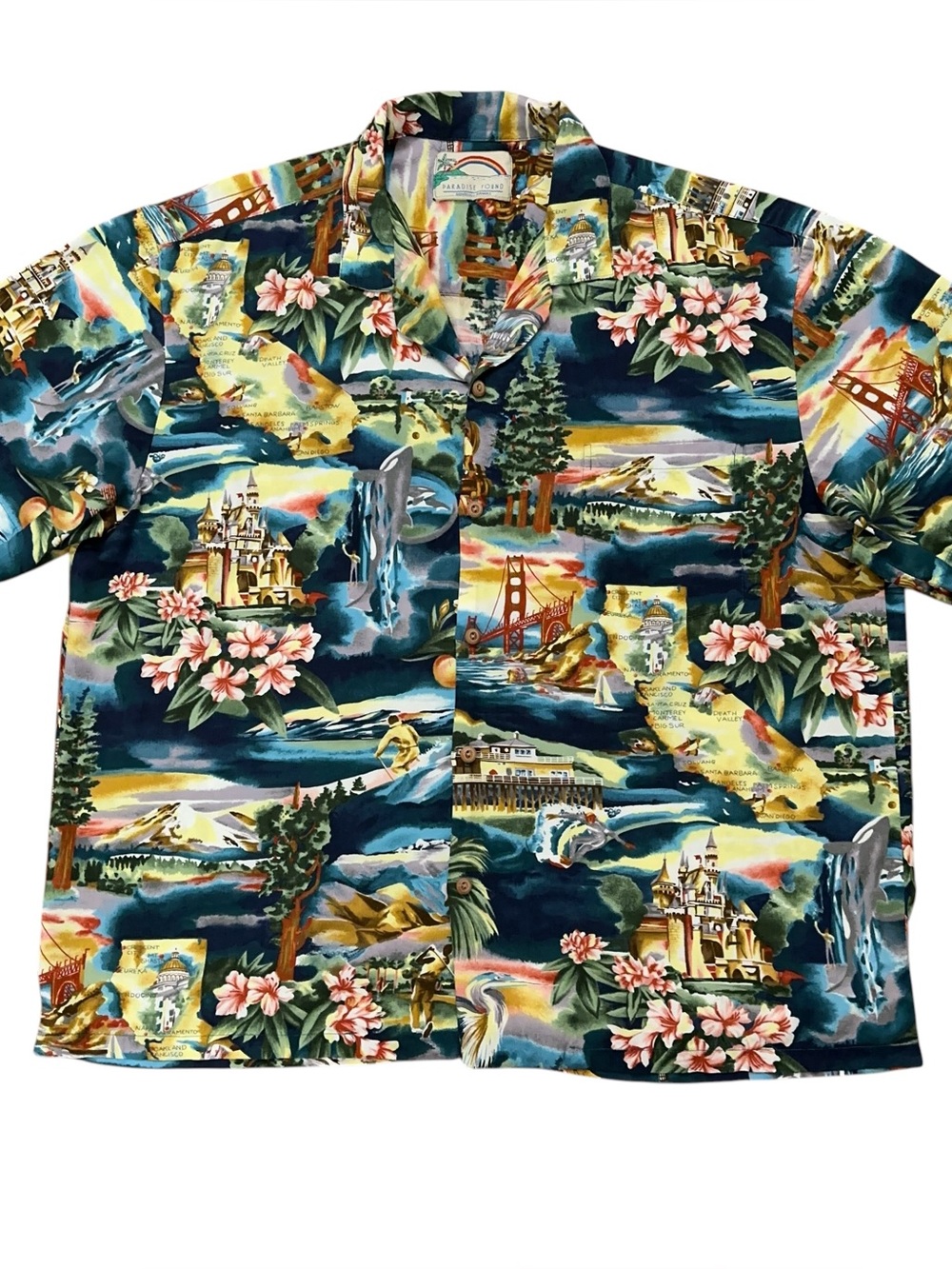 Paradise Found Shirt Mens XL Short Sleeve Hawaiian Rayon California Map Print